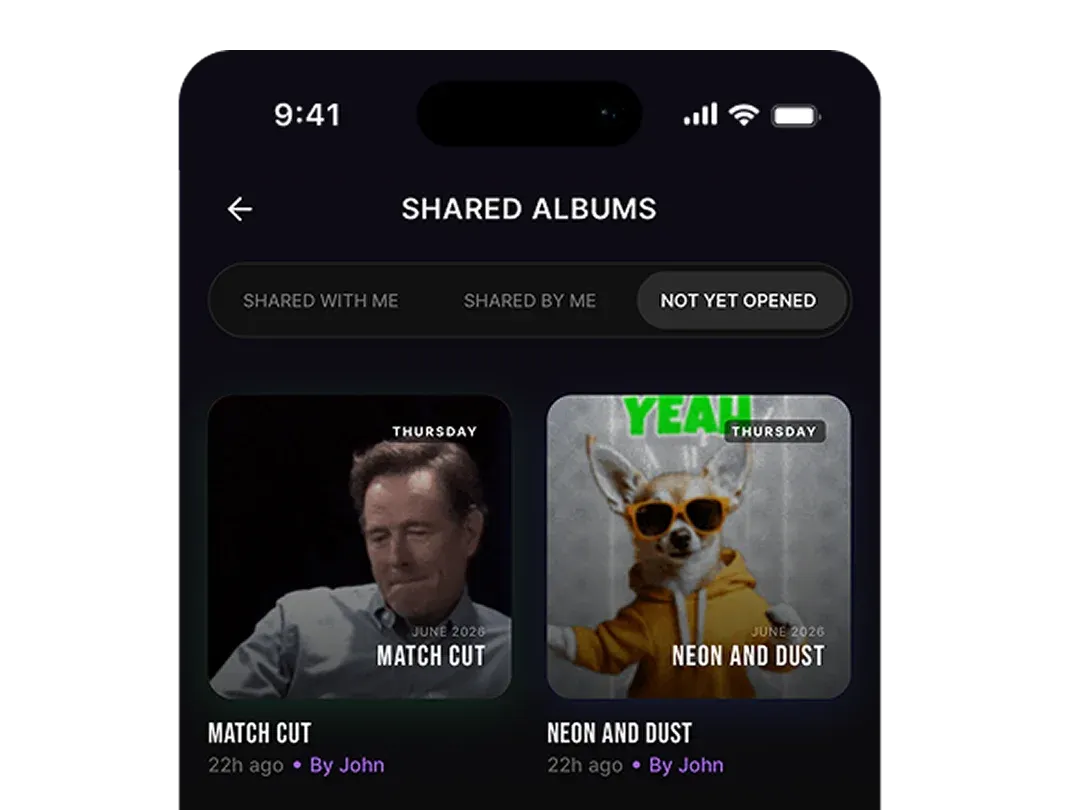 Transform Tiles Into Albums
MoonDive developed the Album experience as the next layer of organization within HYBRED. Once users create individual Tiles, they can group related content, arrange it, and give the collection a name to create an Album. This enables users to move from individual content items to a larger, structured collection built around an idea, experience, or period of time. A single Album can bring together multiple formats and allow users to build the collection progressively by adding new Tiles whenever they have something relevant to preserve.