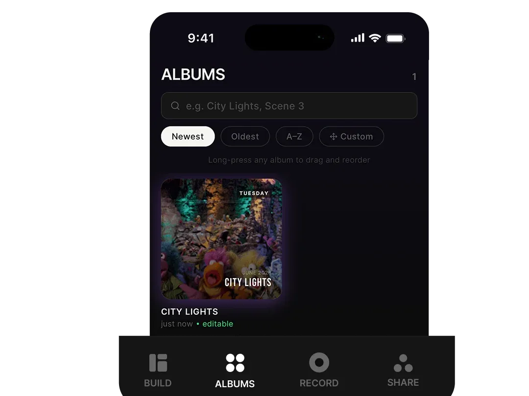 Build Context Around Every Collection
The Album was designed to provide more than the basic organization offered by a conventional folder. It gives users a way to establish context and create an intentional relationship between different pieces of content. An Album can combine images, playlists, links, letters, voice notes, and other content into one structured collection. This allows individual Tiles to become part of a larger experience rather than remaining isolated pieces of information. HYBRED therefore turns a collection of content into something users can arrange, name, revisit, and build over time.